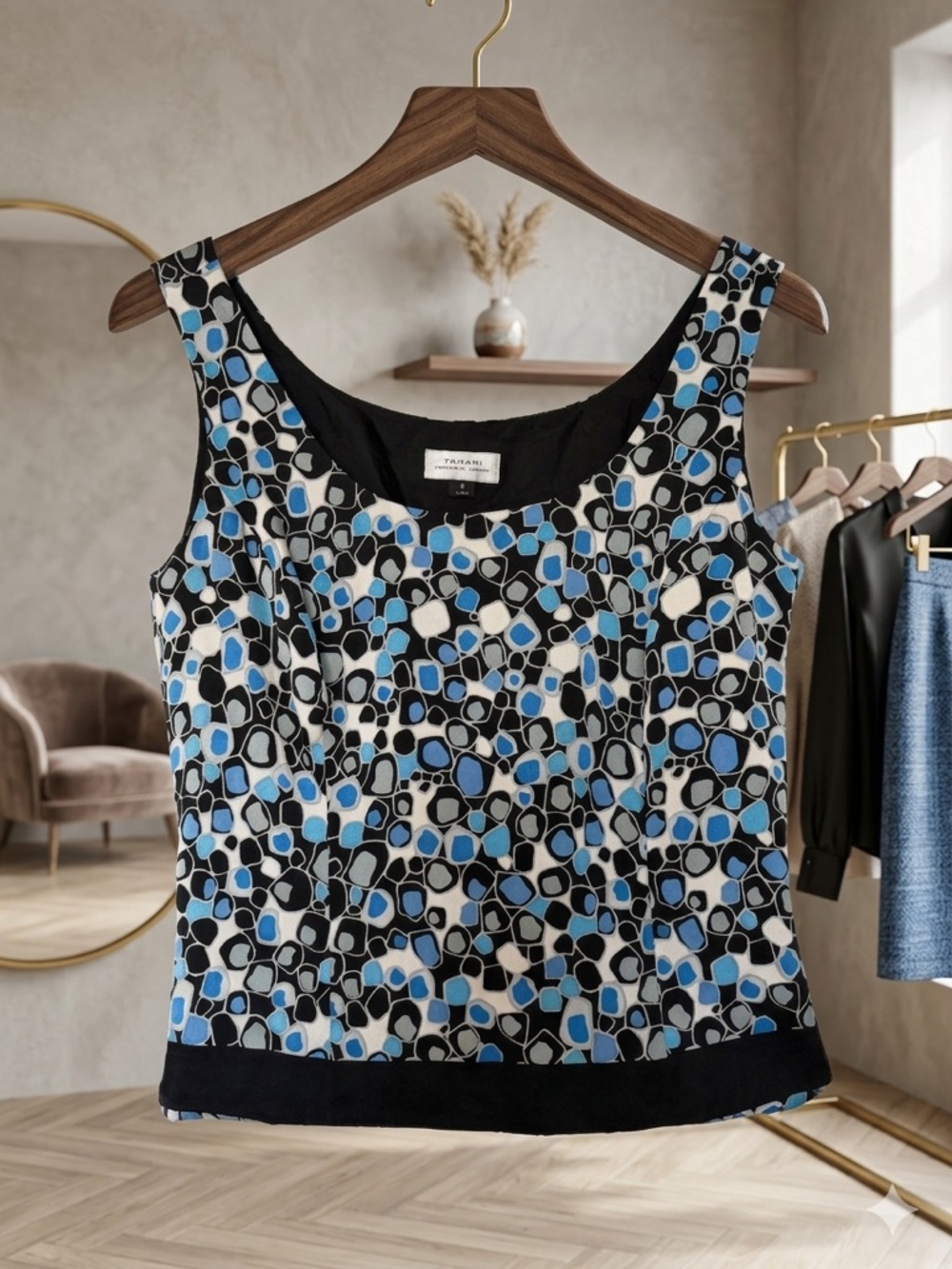 100% Silk Tahari Black & Blue Geometric Tank Top